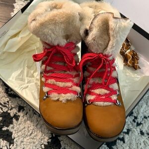 J. Crew Tan Shearling Boots with Red Laces